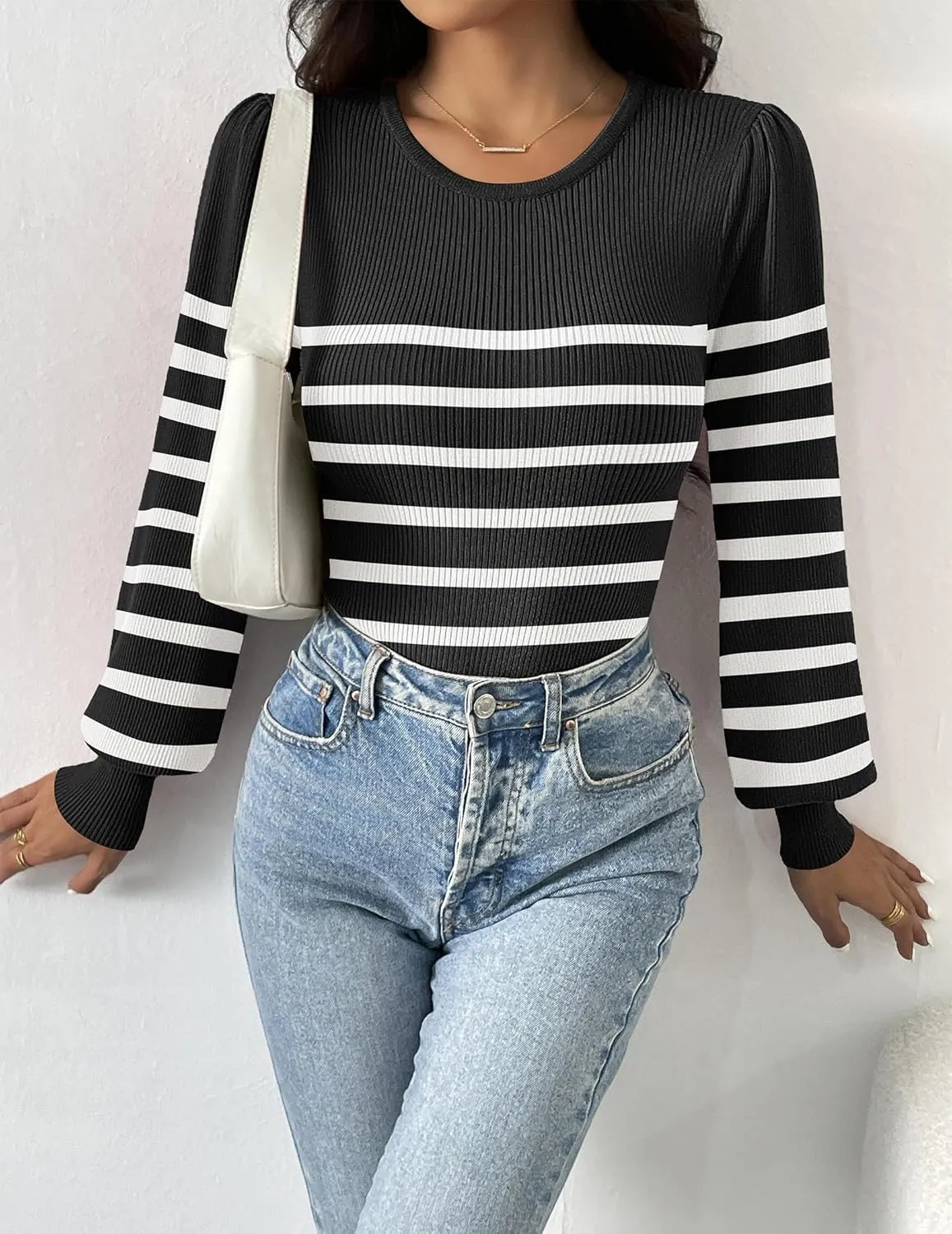 Zeagoo Women 2024 Long Puff Sleeve Sweater Fall Slim Fit Pullover Tops Crewneck Ribbed Knit Bodysuit Jumpsuit S-XXL