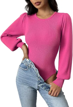 Zeagoo Women 2024 Long Puff Sleeve Sweater Fall Slim Fit Pullover Tops Crewneck Ribbed Knit Bodysuit Jumpsuit S-XXL