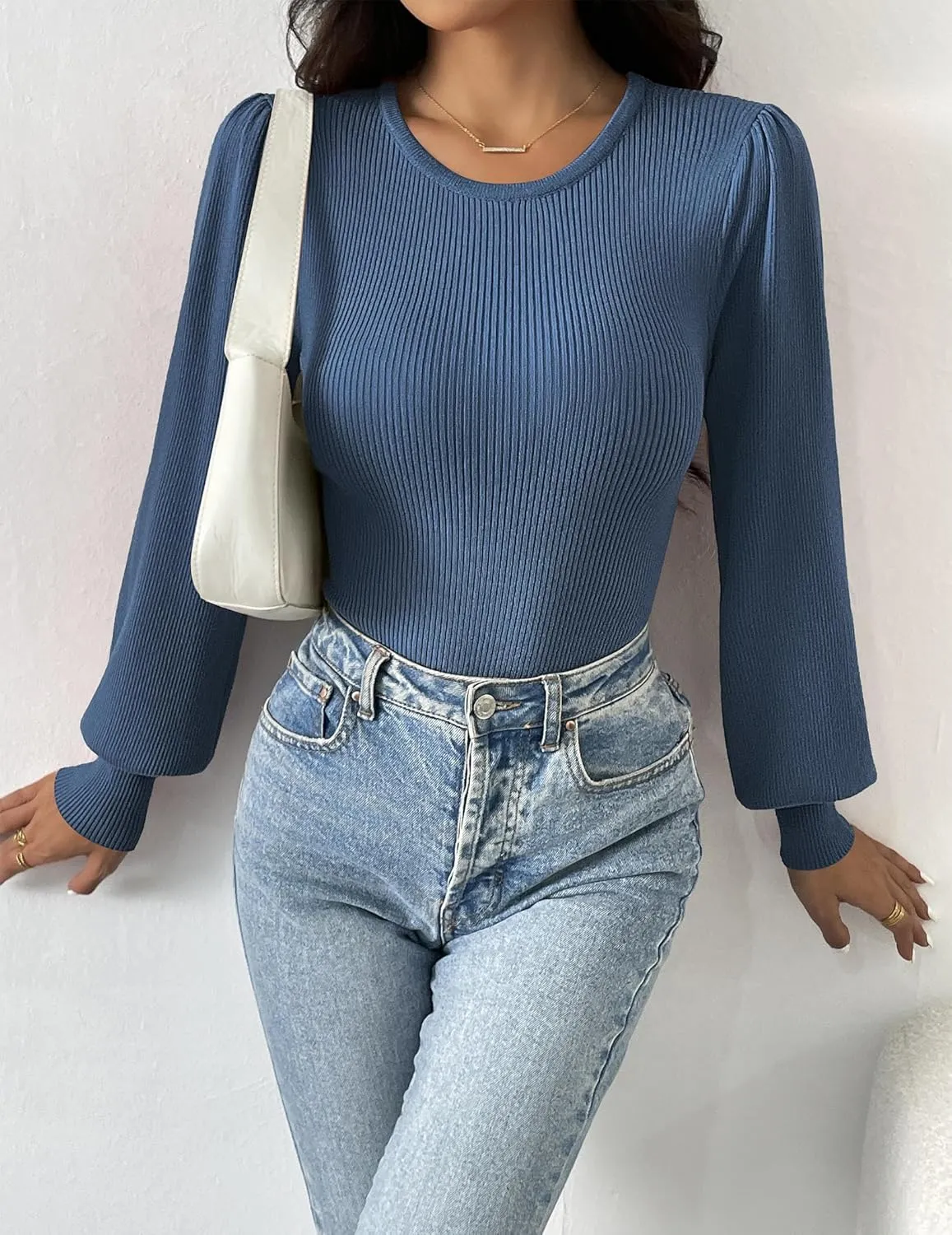 Zeagoo Women 2024 Long Puff Sleeve Sweater Fall Slim Fit Pullover Tops Crewneck Ribbed Knit Bodysuit Jumpsuit S-XXL