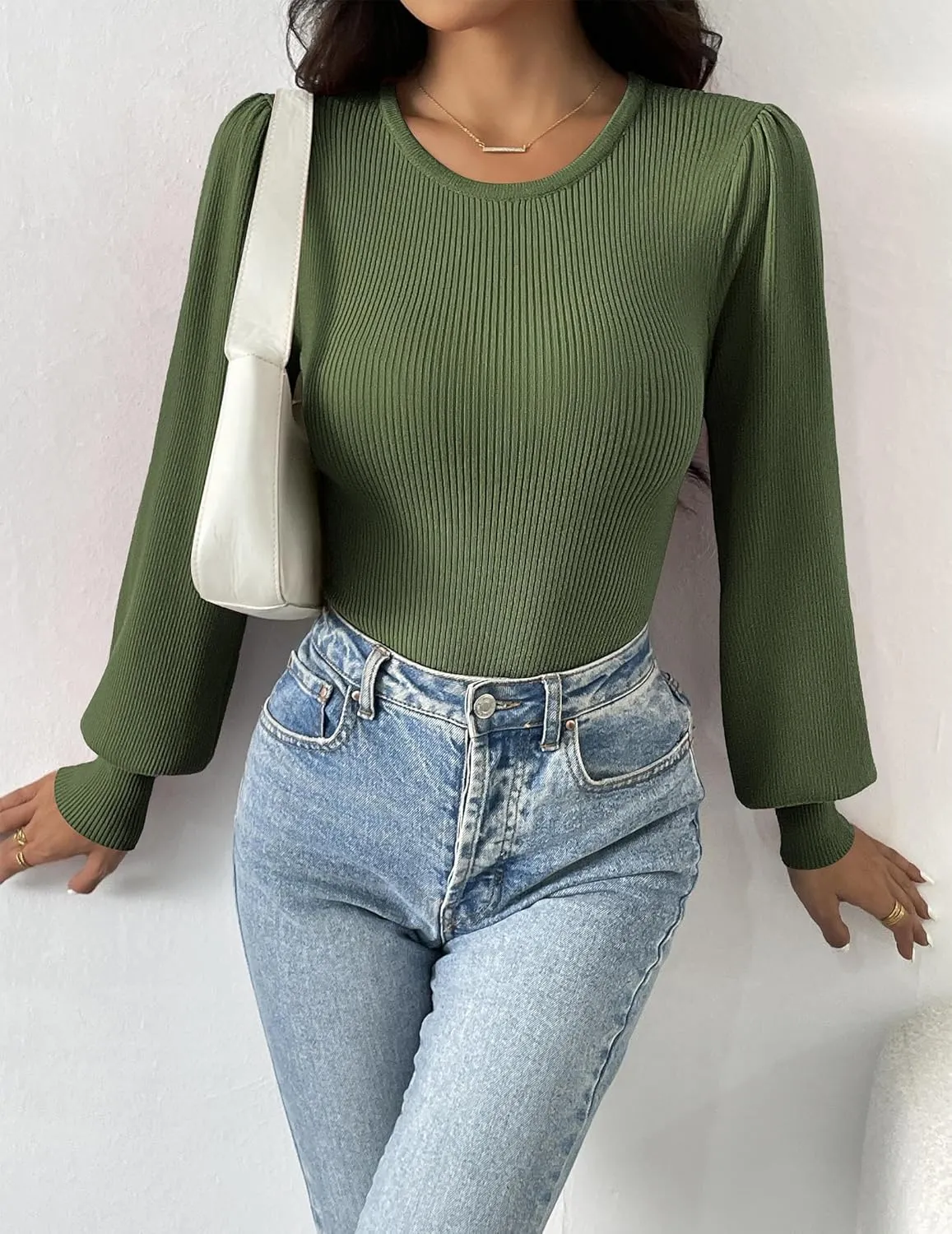 Zeagoo Women 2024 Long Puff Sleeve Sweater Fall Slim Fit Pullover Tops Crewneck Ribbed Knit Bodysuit Jumpsuit S-XXL
