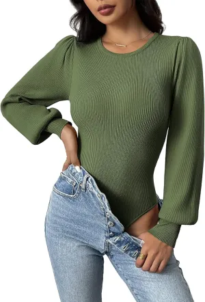 Zeagoo Women 2024 Long Puff Sleeve Sweater Fall Slim Fit Pullover Tops Crewneck Ribbed Knit Bodysuit Jumpsuit S-XXL