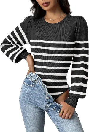 Zeagoo Women 2024 Long Puff Sleeve Sweater Fall Slim Fit Pullover Tops Crewneck Ribbed Knit Bodysuit Jumpsuit S-XXL