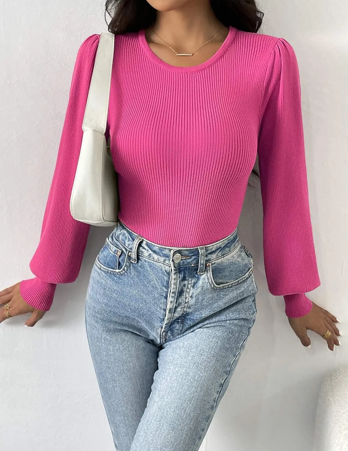 Zeagoo Women 2024 Long Puff Sleeve Sweater Fall Slim Fit Pullover Tops Crewneck Ribbed Knit Bodysuit Jumpsuit S-XXL