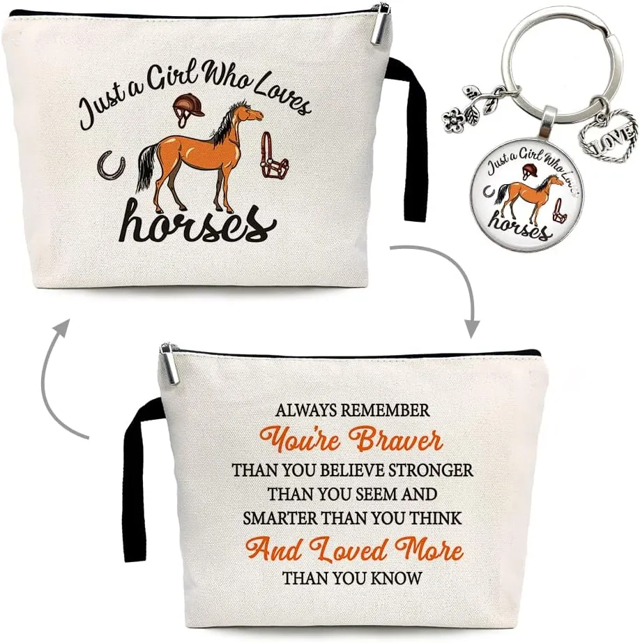 ZHANTUONE Just a Girl Who Loves Horses Funny Cosmetic Bag keychain pendant Set, for Travel Toiletry Zipper Storage Pouch Makeup Bag, Gifts for Horses Lover Female Animal Lovers Cowgirls Mom Friends