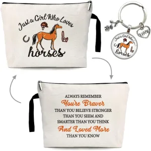 ZHANTUONE Just a Girl Who Loves Horses Funny Cosmetic Bag keychain pendant Set, for Travel Toiletry Zipper Storage Pouch Makeup Bag, Gifts for Horses Lover Female Animal Lovers Cowgirls Mom Friends